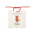 Personalised cat Christmas aluminium ornament mock-up, cream scalloped square with an orange cat on holly, 'Luna' and '2026'