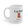 Personalised Cat Dad mug mock-up, handle on the left, with an orange cat silhouette, 'Salem' and 'Tolerated since 2019'