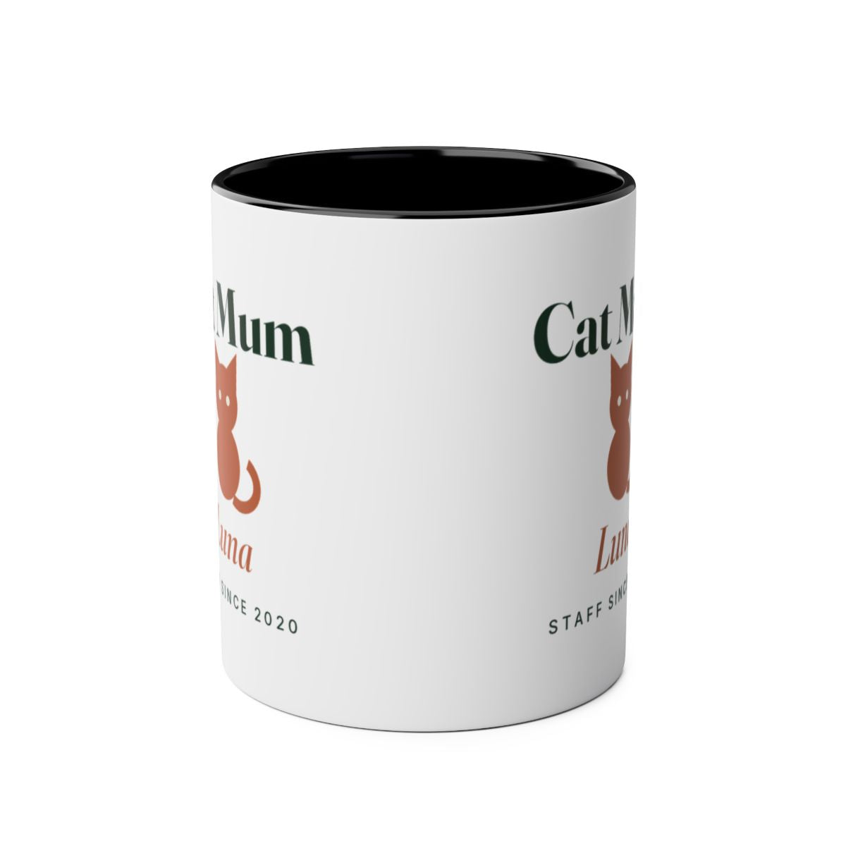 Cat Mum two-tone mug in black seen straight on with the handle behind, the design visible on both sides