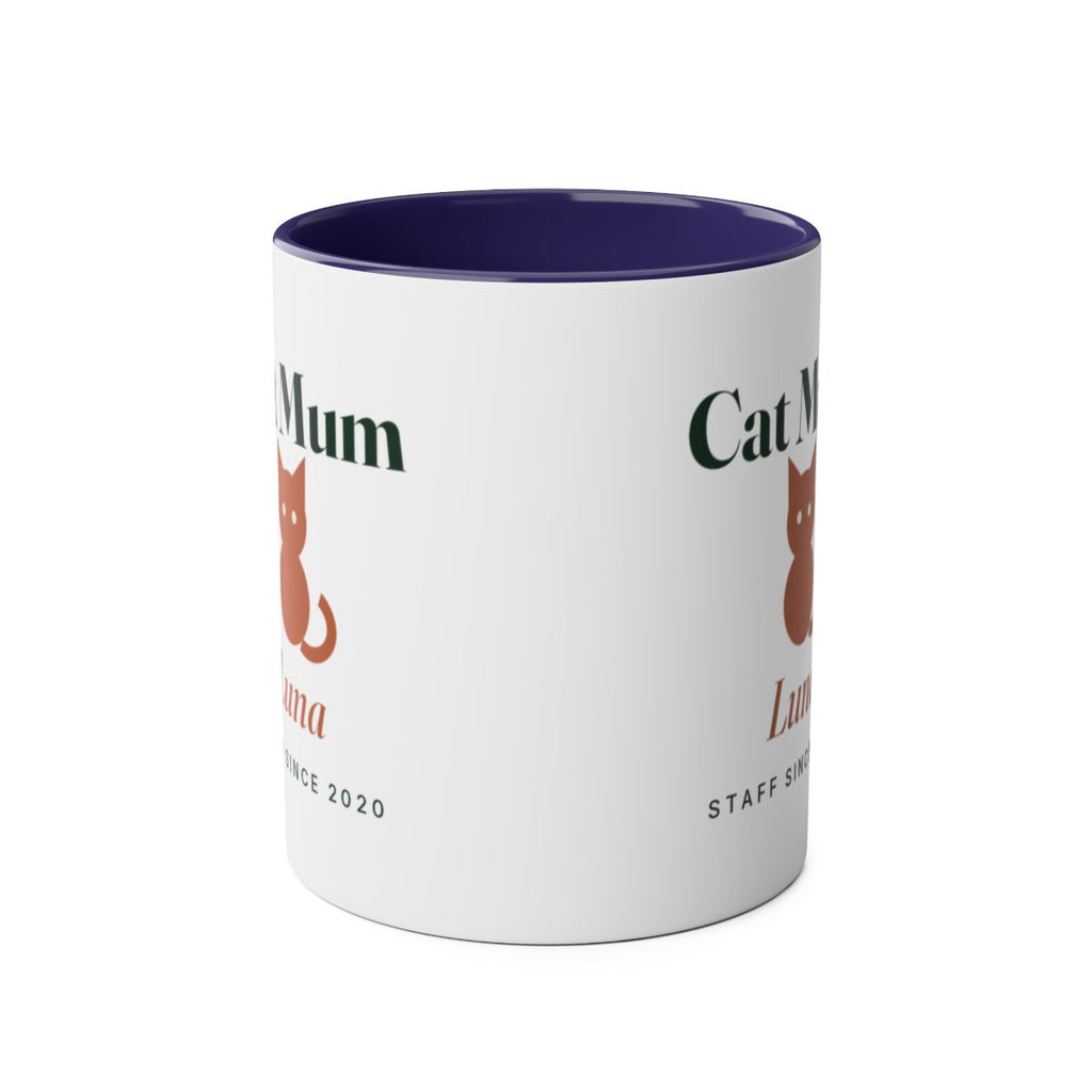 Cat Mum two-tone mug in dark blue seen straight on with the handle behind, the design visible on both sides