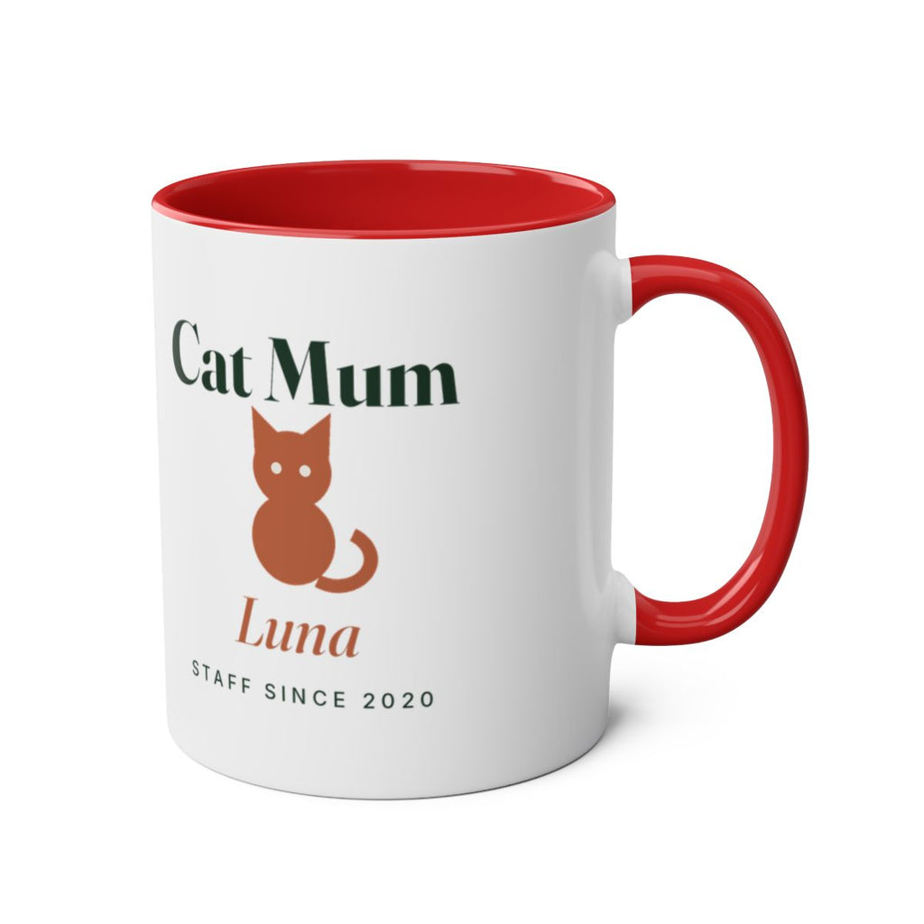 Cat Mum two-tone mug in red with the handle on the right, showing the design printed on the other side
