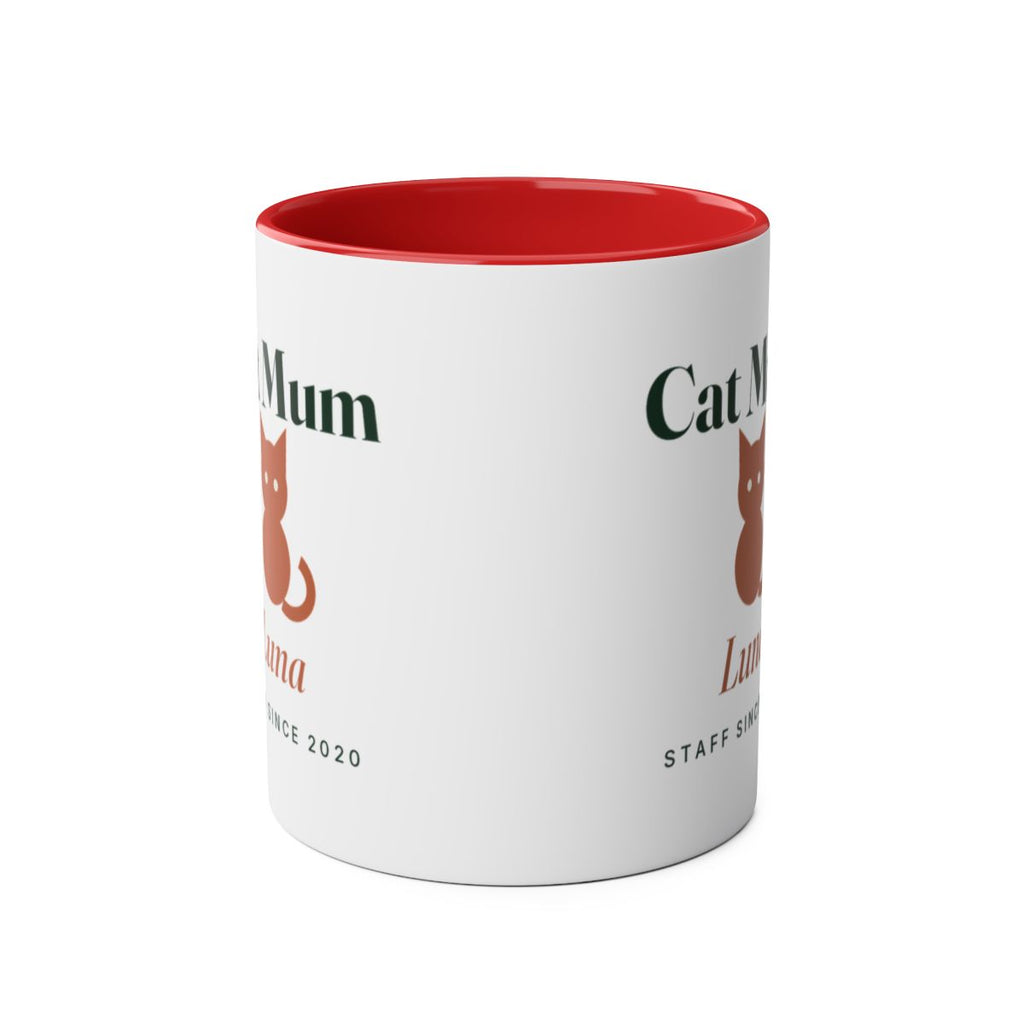 Cat Mum two-tone mug in red seen straight on with the handle behind, the design visible on both sides