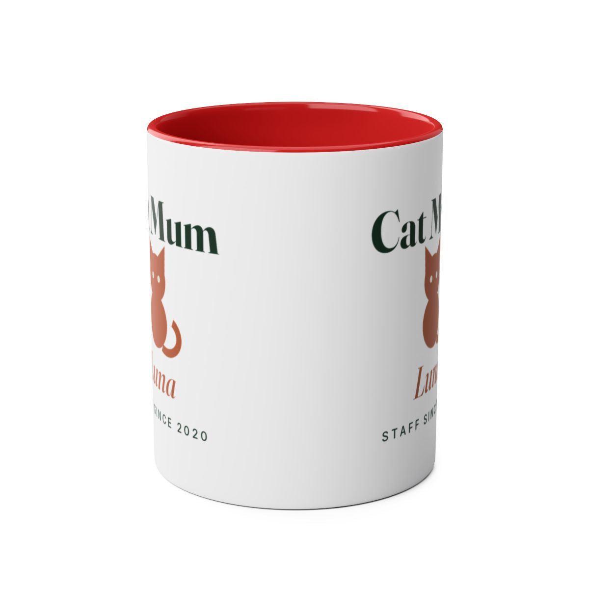 Cat Mum two-tone mug in red seen straight on with the handle behind, the design visible on both sides