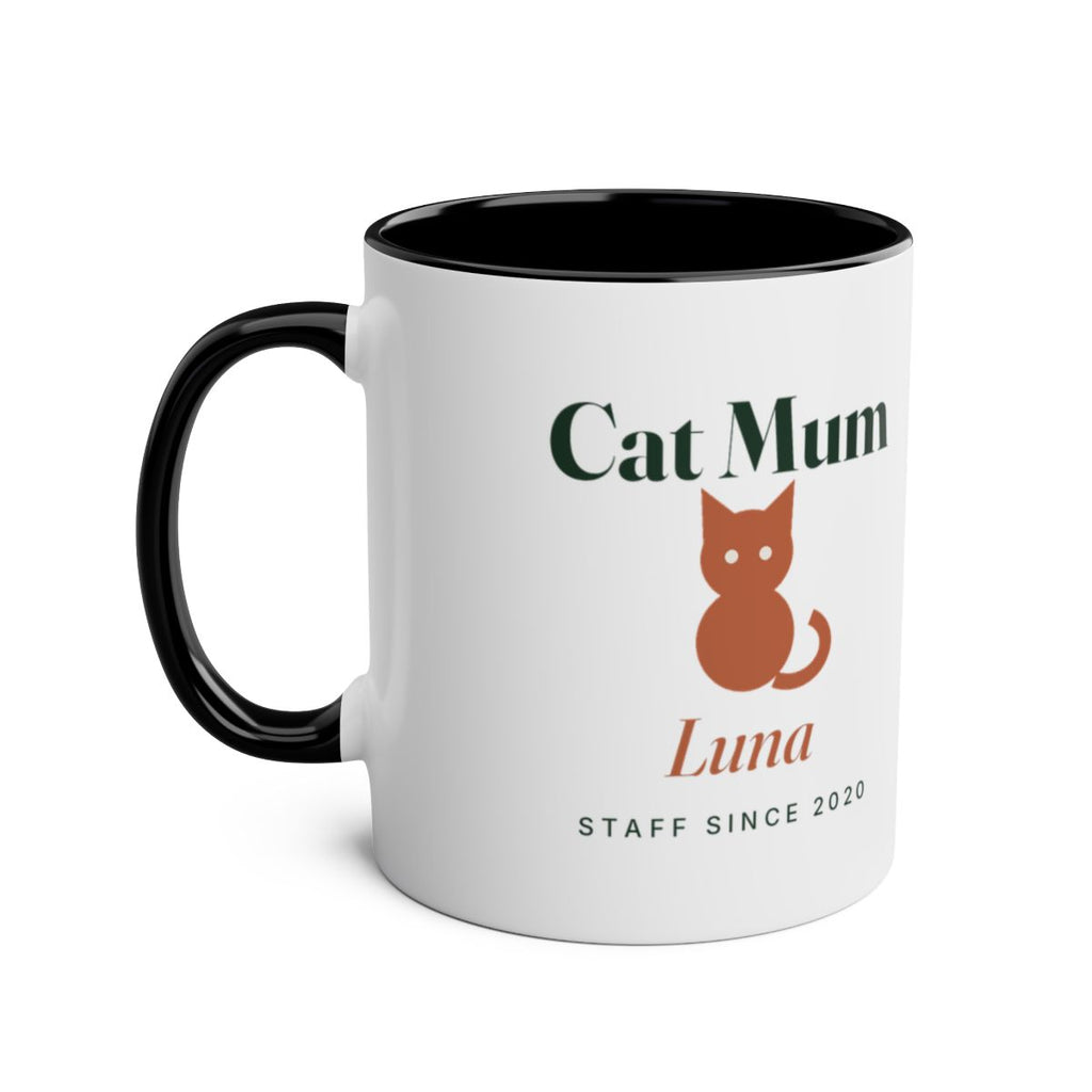 Cat Mum two-tone mug mock-up in the black colour, handle on the left, with the cat silhouette and sample name 'Luna'