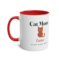 Personalised Cat Mum two-tone mug mock-up, red inside and handle, with a cat silhouette, 'Luna' and 'Staff since 2020'