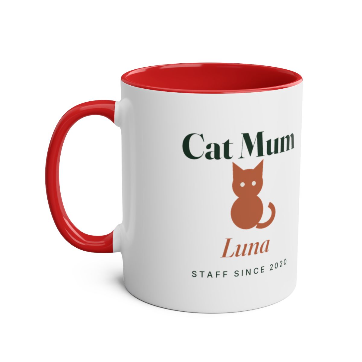 Personalised Cat Mum two-tone mug mock-up, red inside and handle, with a cat silhouette, 'Luna' and 'Staff since 2020'