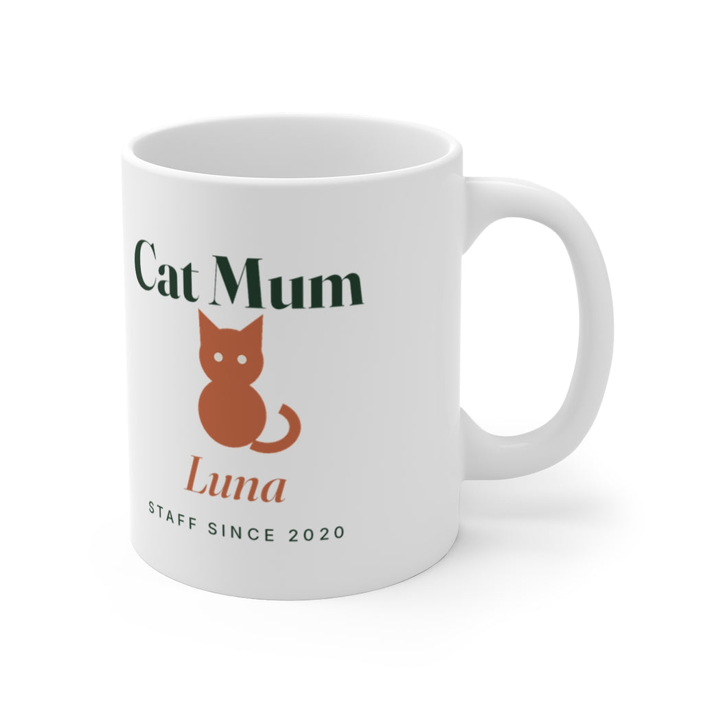 Cat Mum white mug mock-up with the handle on the right, showing the cat silhouette and 'Luna' printed on the other side