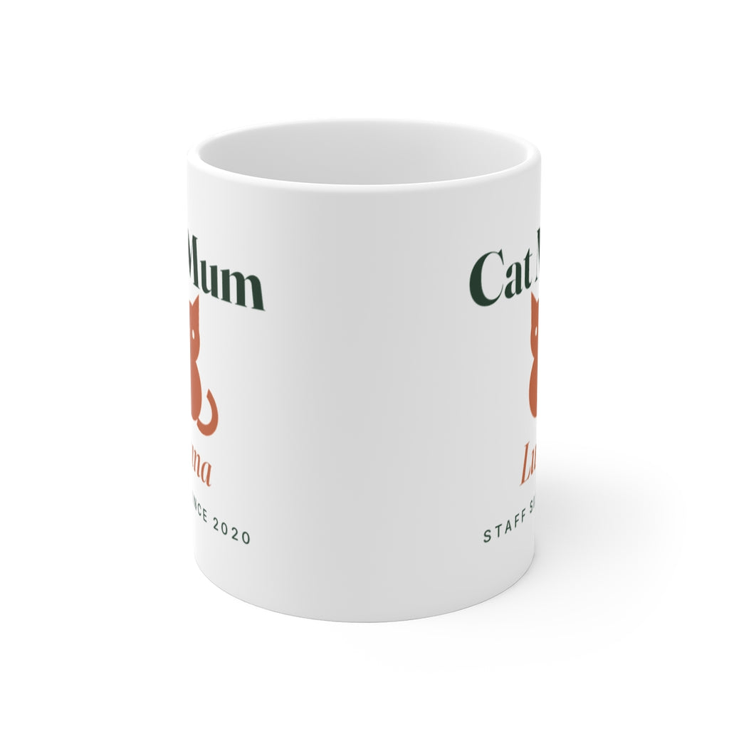 Cat Mum white mug seen straight on with the handle behind, the design visible at both edges, printed on both sides
