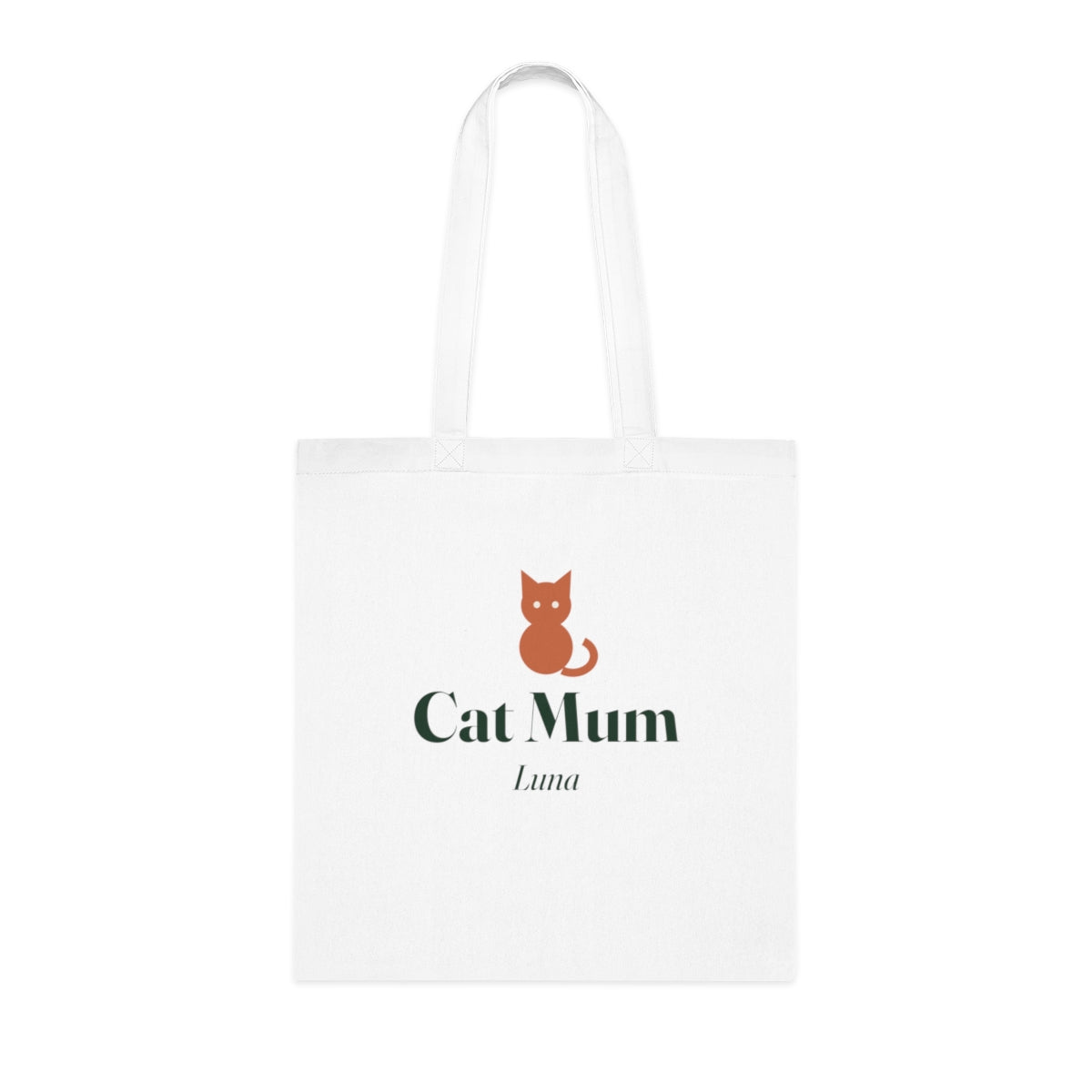 Personalised Cat Mum white cotton tote bag mock-up laid flat, with a cat silhouette, 'Cat Mum' and the sample name 'Luna'