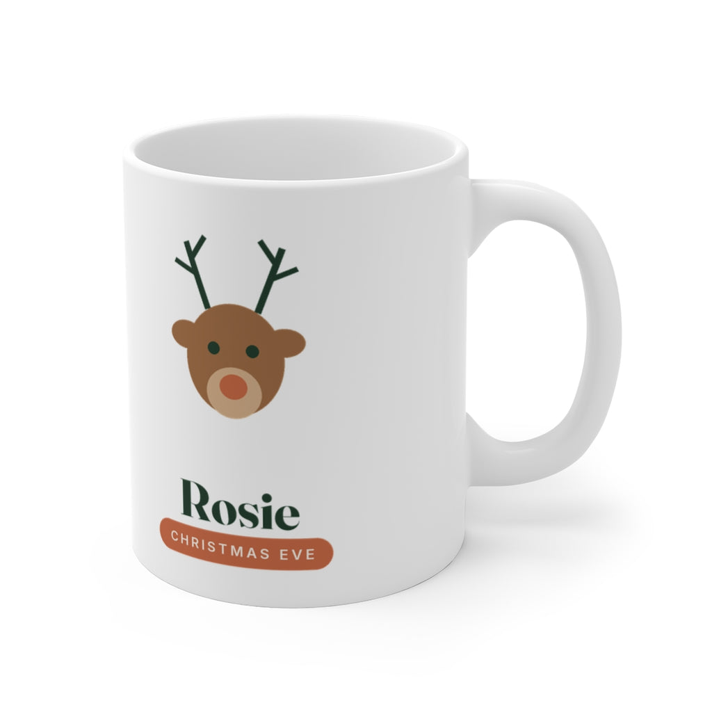 Children's Christmas Eve white mug mock-up with the handle on the right, the reindeer and 'Rosie' printed on the other side