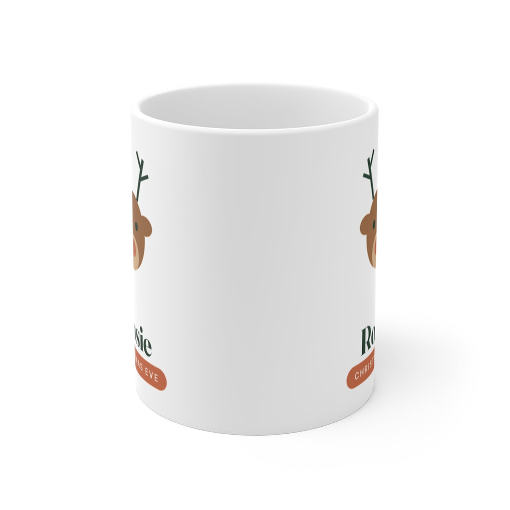 Children's Christmas Eve white mug mock-up seen straight on, handle hidden behind, the reindeer design cut off at both edges