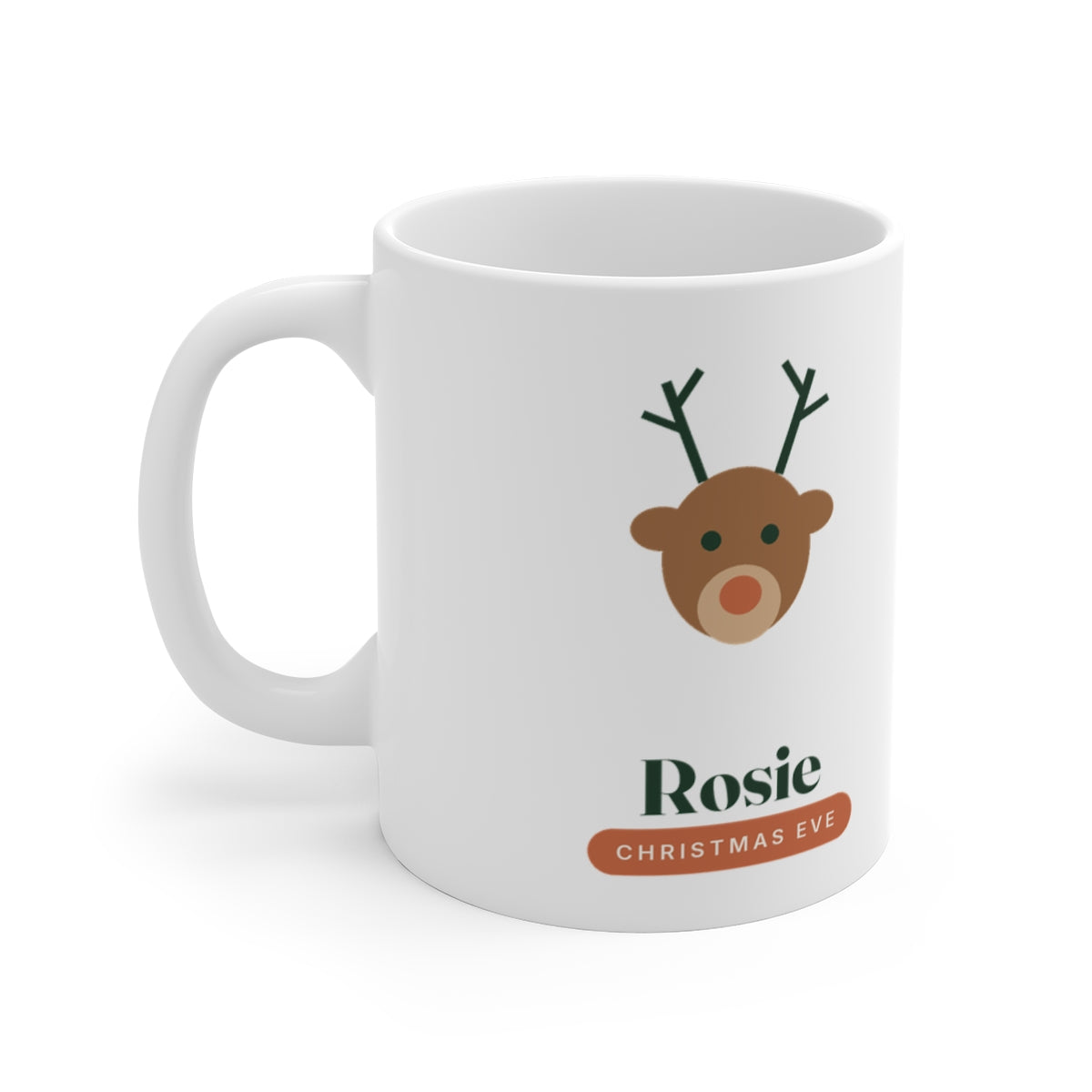 Personalised children's Christmas Eve white mug mock-up, handle on the left, with a reindeer face, 'Rosie', 'Christmas Eve'