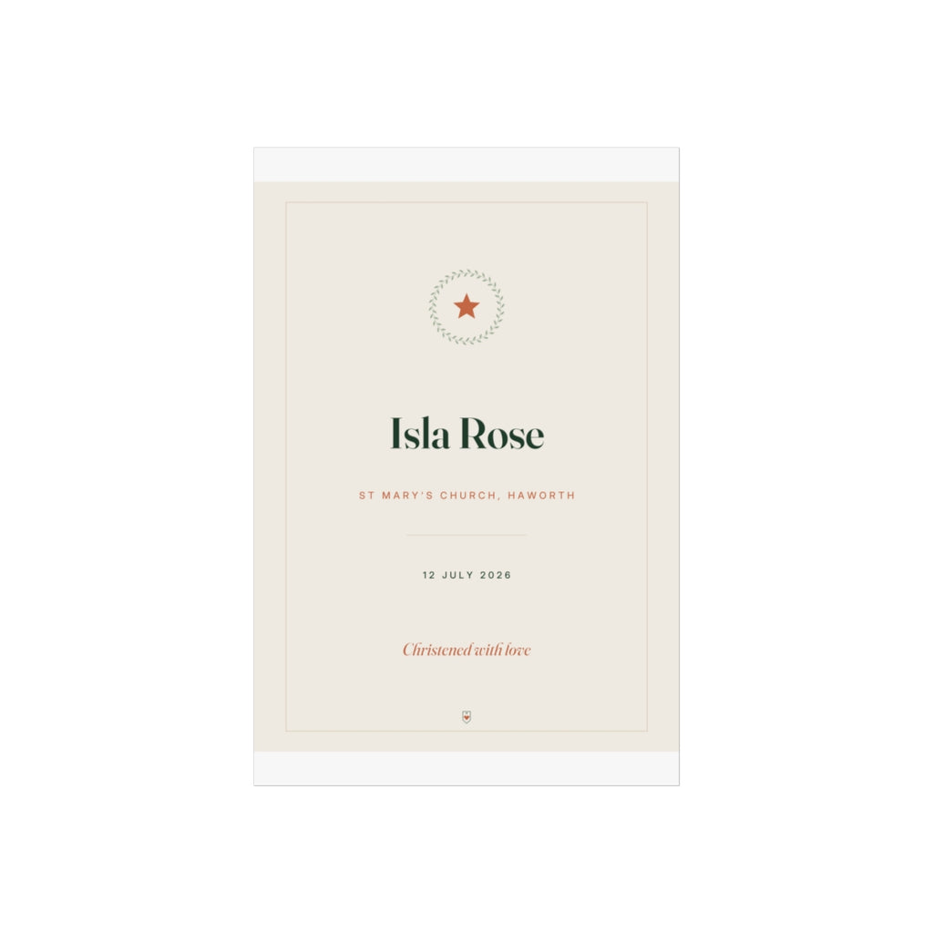 Christening print mock-up laid flat at the smaller size, showing the star wreath, 'Isla Rose' and 'Christened with love'