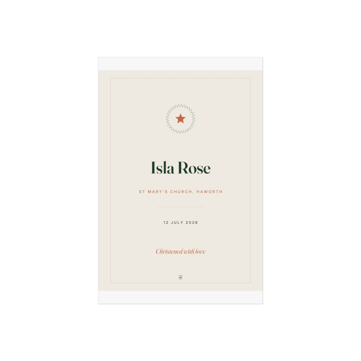 Christening print mock-up laid flat at the smaller size, showing the star wreath, 'Isla Rose' and 'Christened with love'