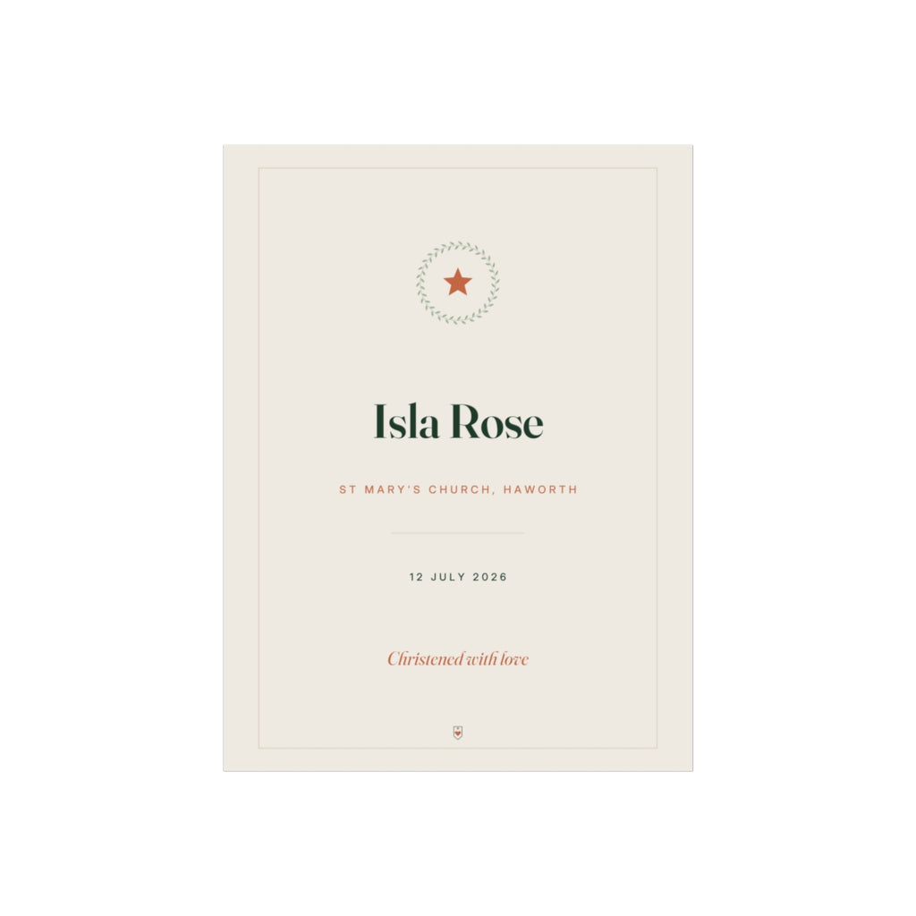 Personalised christening print mock-up on cream with a star wreath, 'Isla Rose', 'St Mary's Church, Haworth', '12 July 2026'