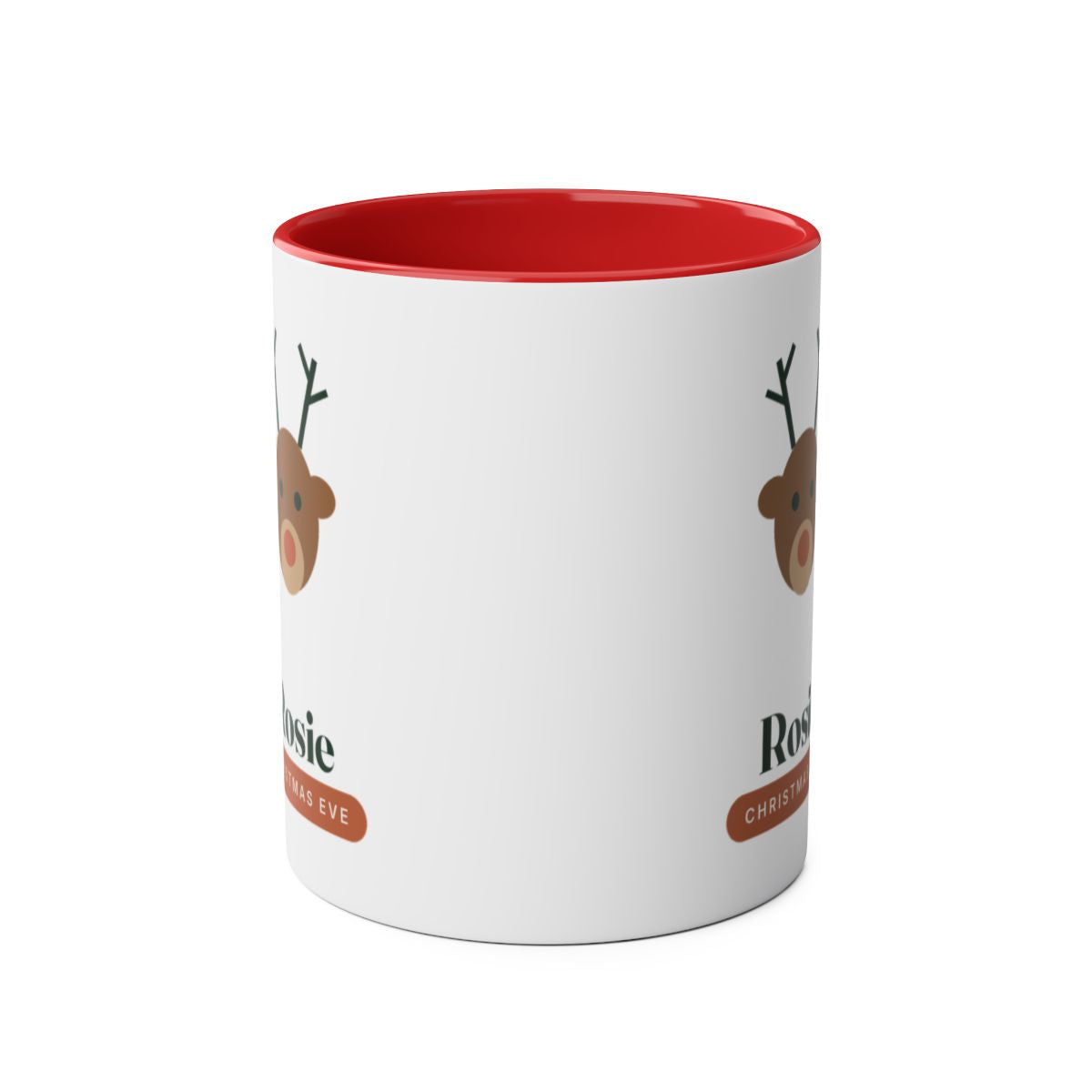 Christmas Eve mug for children in red seen straight on with the handle behind, the reindeer visible at both edges