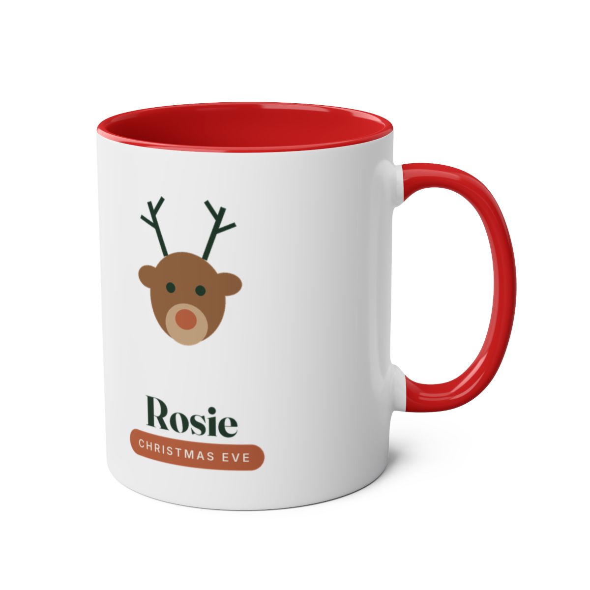 Christmas Eve mug for children mock-up, white with a red inside and handle, a reindeer, 'Rosie' and 'Christmas Eve'