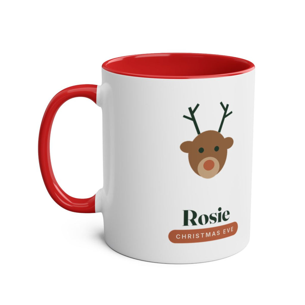 Personalised Christmas Eve mug for children mock-up, red inside and handle, with a reindeer face, 'Rosie' and 'Christmas Eve'