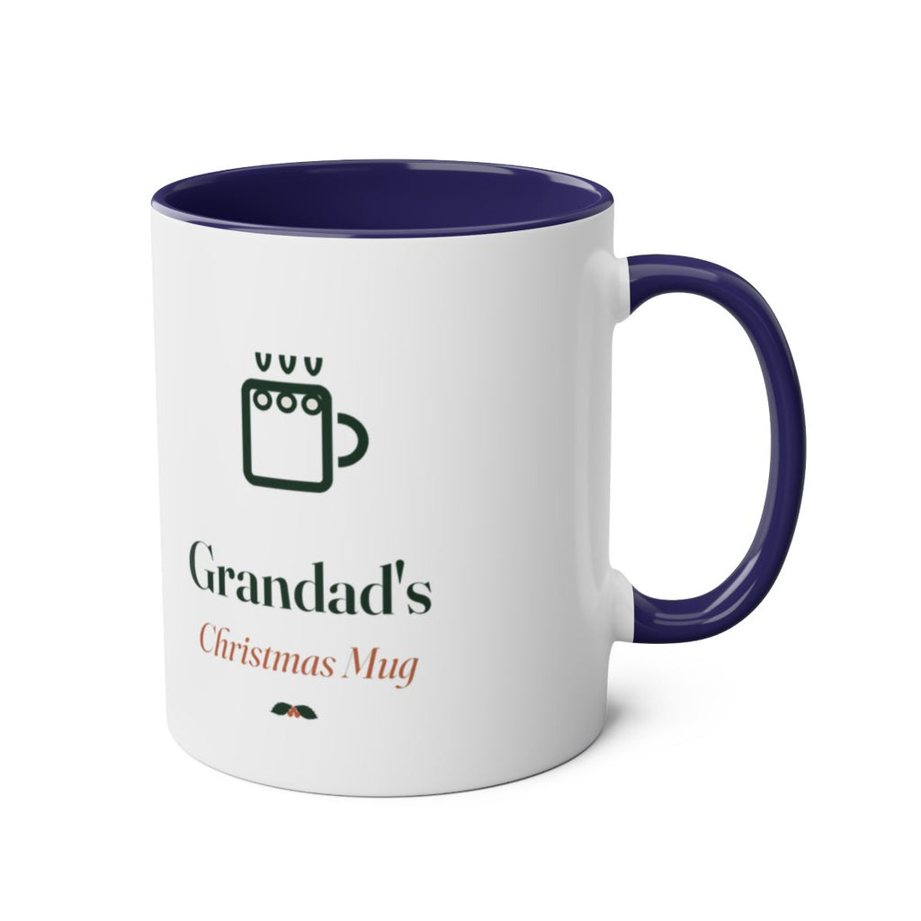 Christmas two-tone mug in dark blue with the handle on the right, showing the mug icon and text on the other side