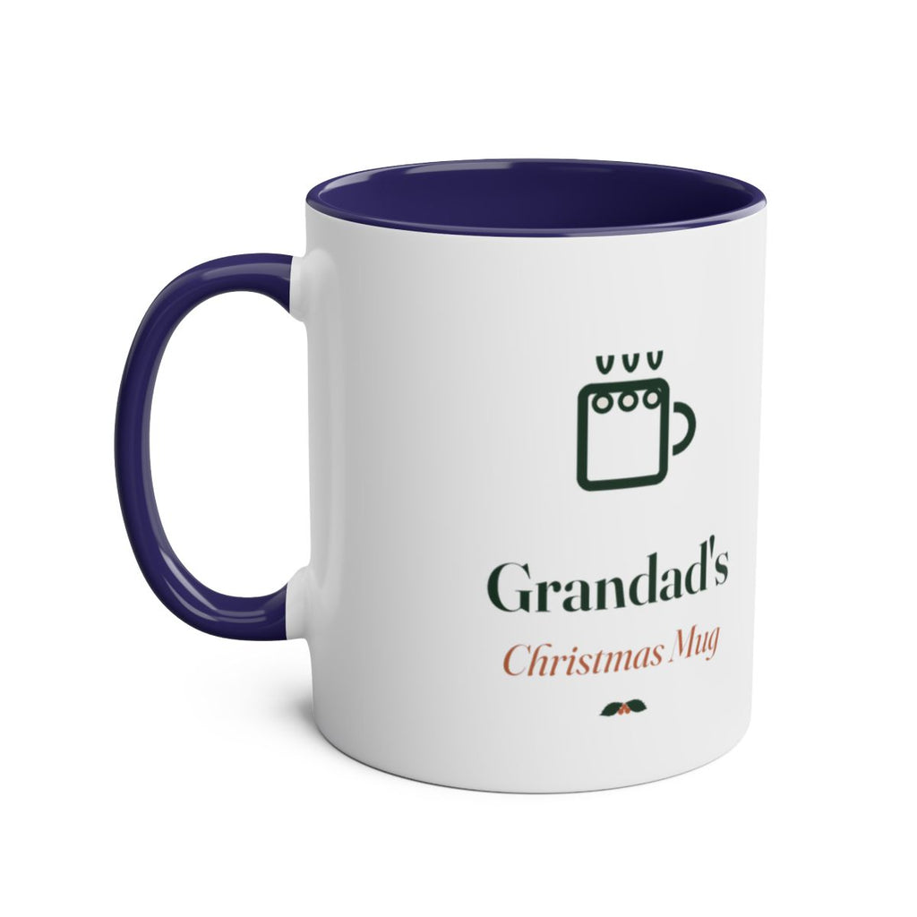 Christmas two-tone mug mock-up in the dark blue colour, handle on the left, with the mug icon and 'Grandad's' sample text