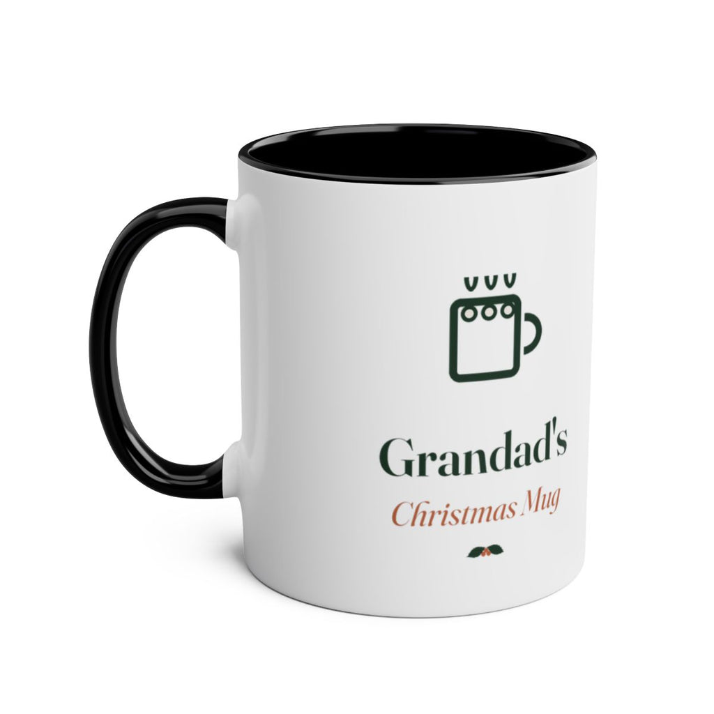 Christmas two-tone mug mock-up in the black colour, handle on the left, with the mug icon and 'Grandad's' sample text