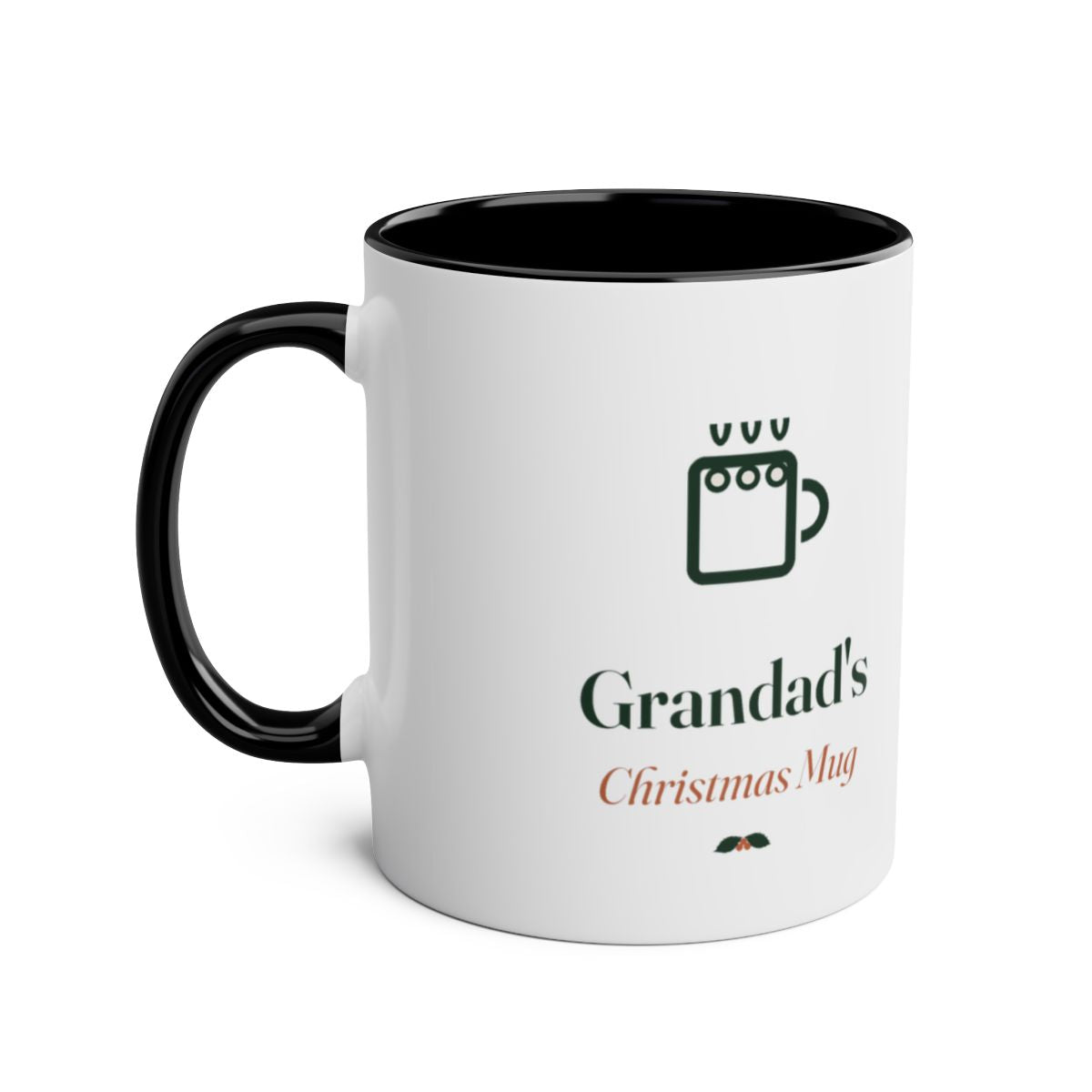 Christmas two-tone mug mock-up in the black colour, handle on the left, with the mug icon and 'Grandad's' sample text