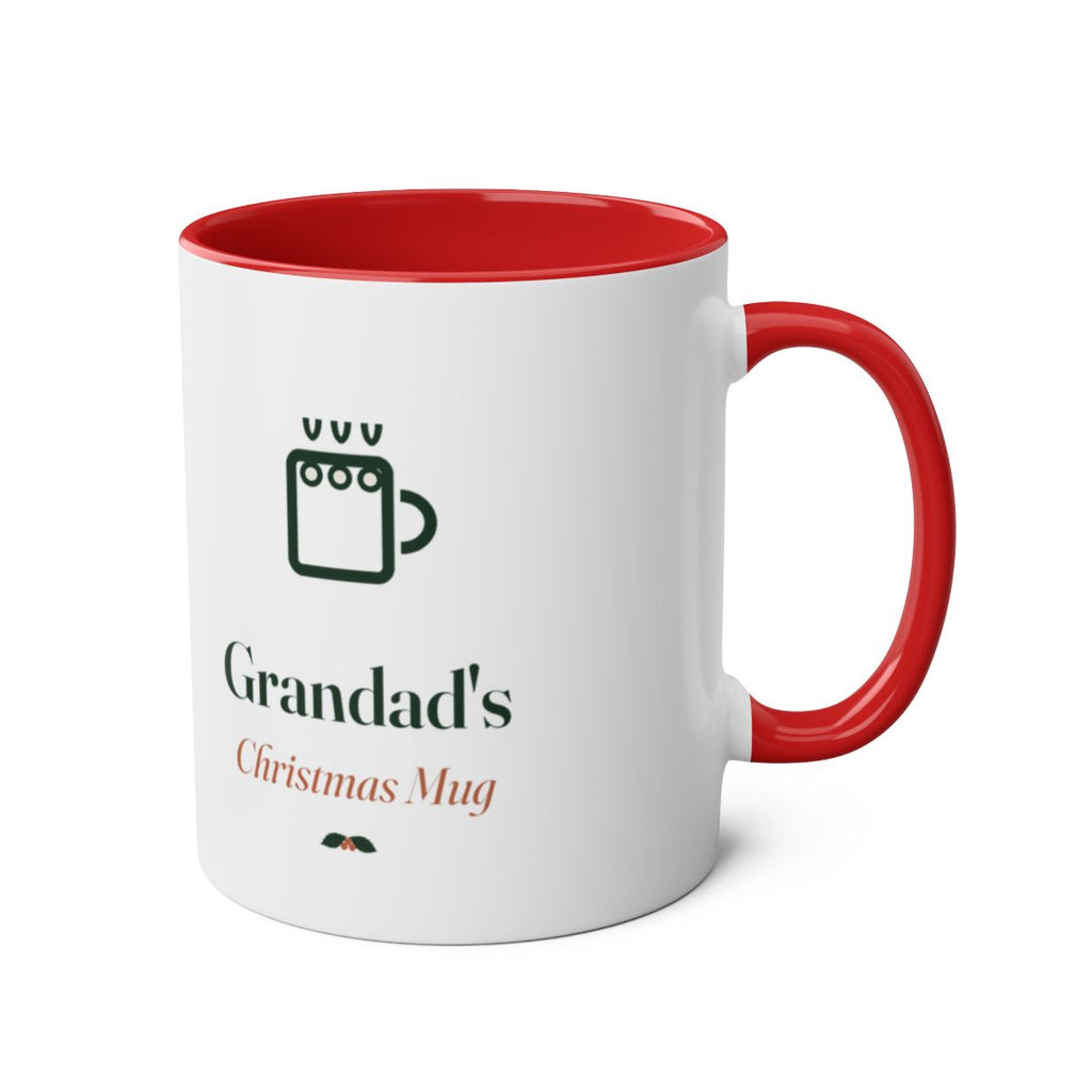 Christmas two-tone mug in red with the handle on the right, showing the mug icon and text printed on the other side