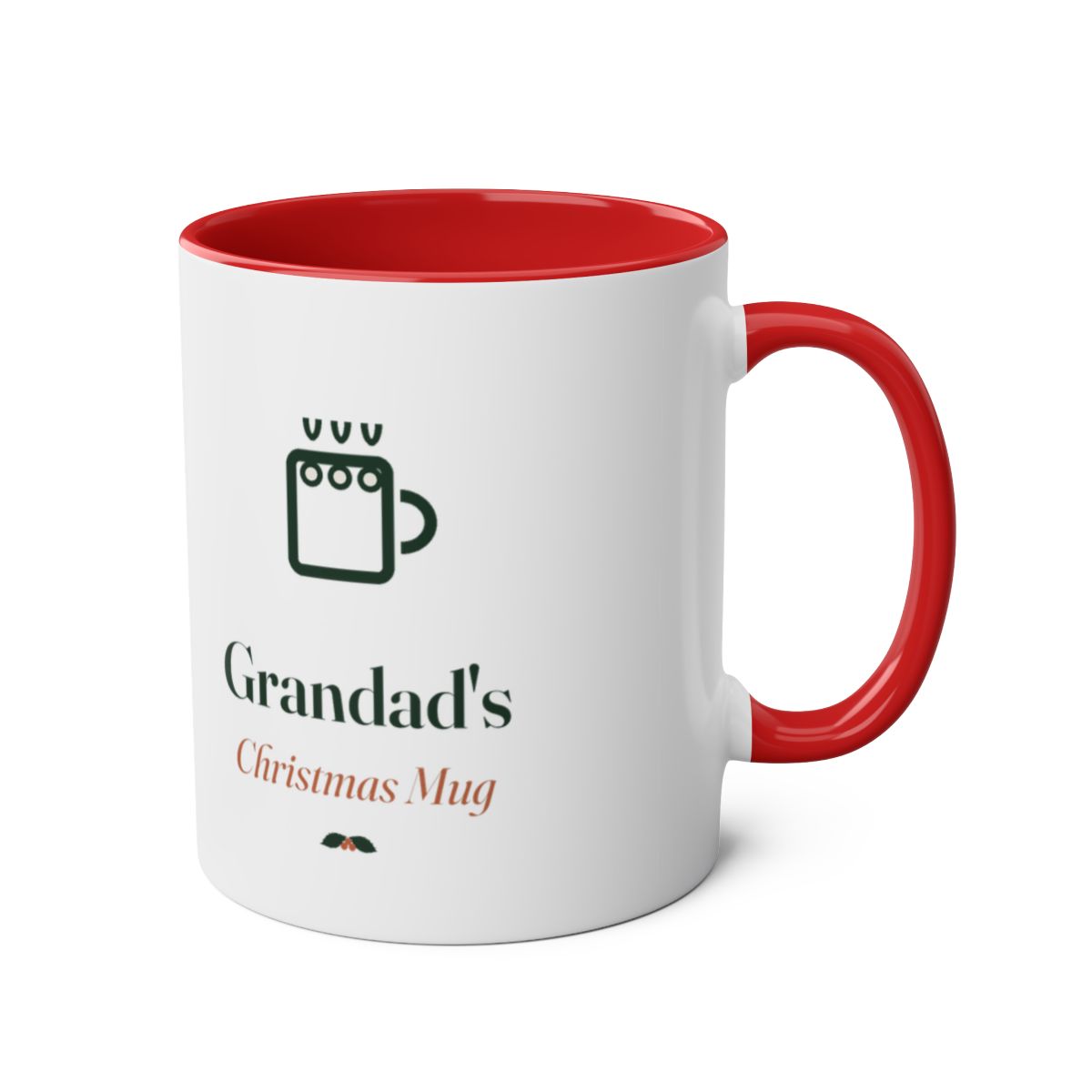 Christmas two-tone mug in red with the handle on the right, showing the mug icon and text printed on the other side