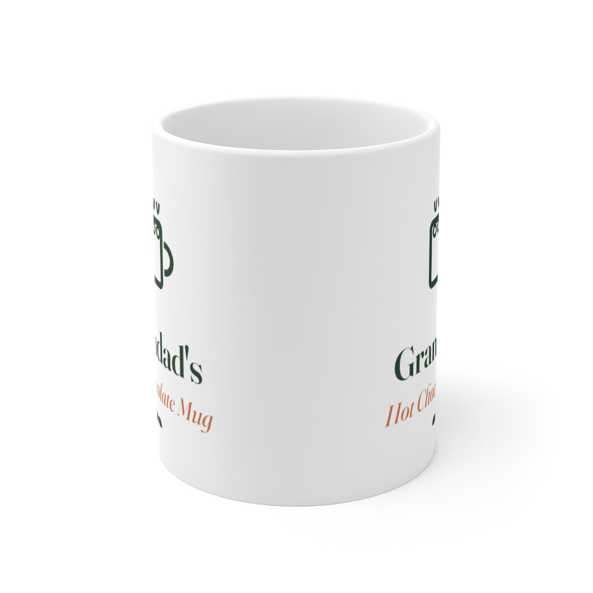 Christmas white mug seen straight on with the handle behind, the mug icon and text visible at both edges
