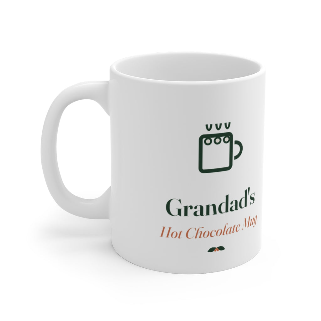 Personalised Christmas white mug mock-up, handle on the left, with a mug icon, 'Grandad's', 'Hot Chocolate Mug' and holly