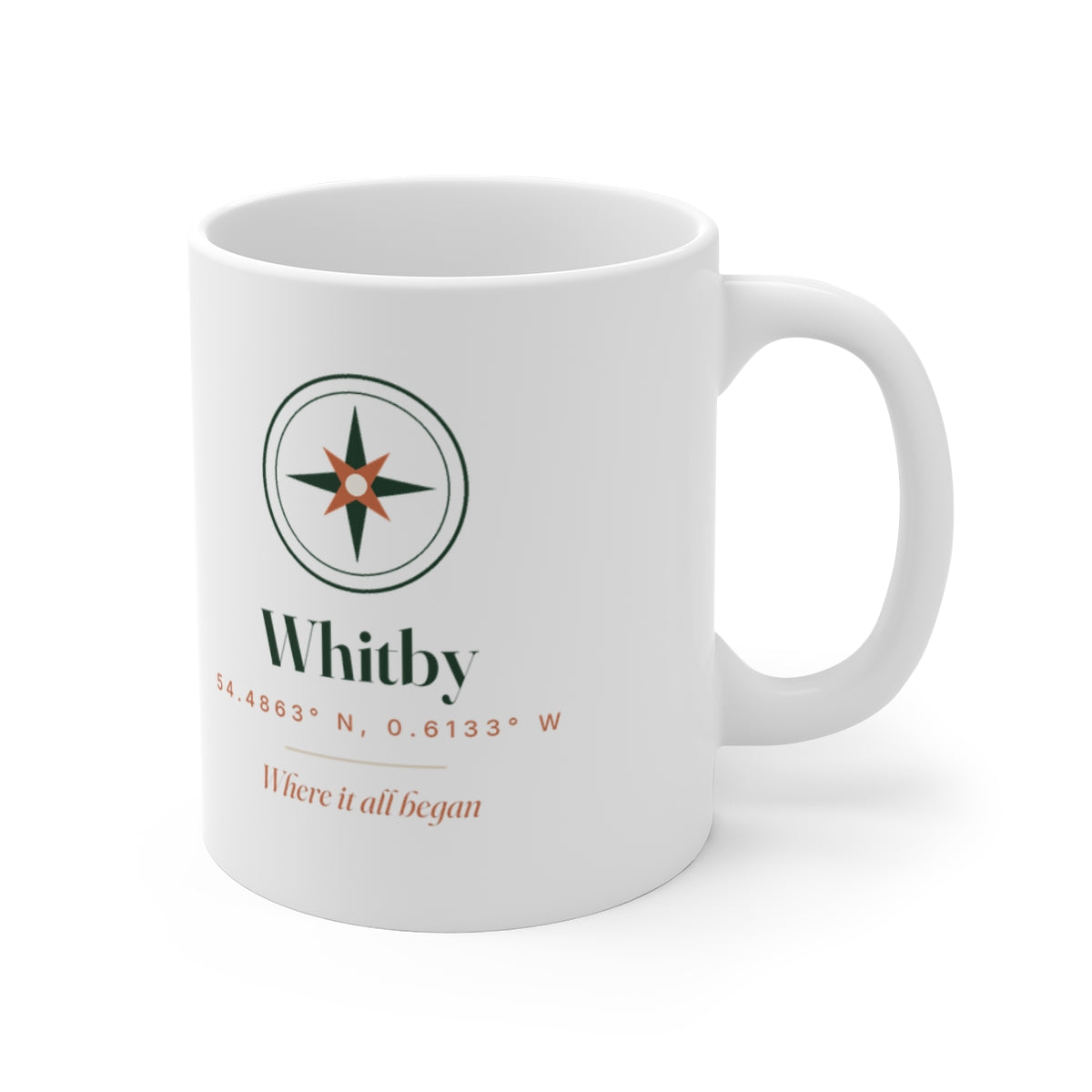 Personalised coordinates mug mock-up turned to show the 'Whitby' compass design with the handle on the right