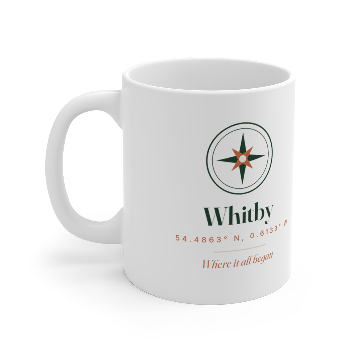 Personalised coordinates mug mock-up with a compass rose, 'Whitby', its coordinates and 'Where it all began'