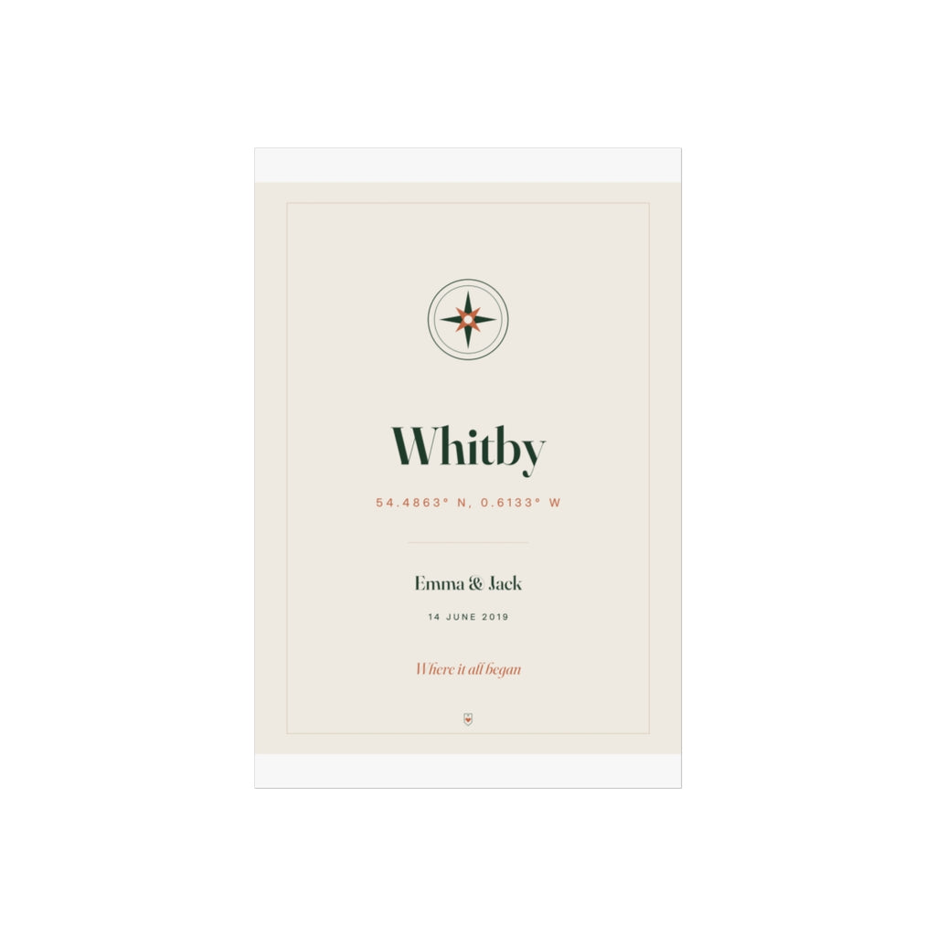 Personalised coordinates print, artwork preview at the 8 x 12 in proportions with 'Whitby' and 'Emma & Jack'