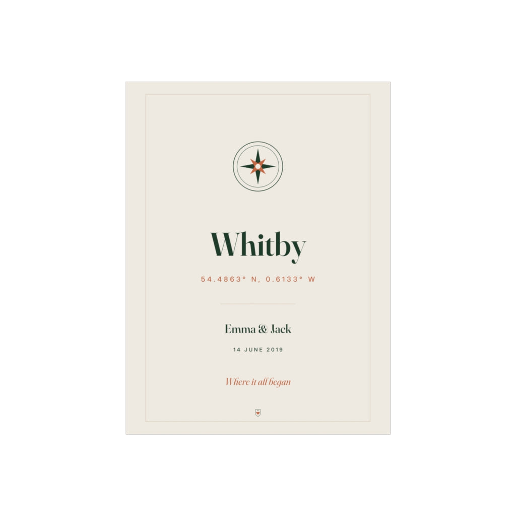 Personalised coordinates print, artwork mock-up with a compass, 'Whitby', 'Emma & Jack' and '14 June 2019'