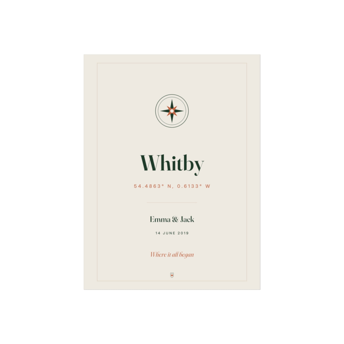 Personalised coordinates print, artwork mock-up with a compass, 'Whitby', 'Emma & Jack' and '14 June 2019'