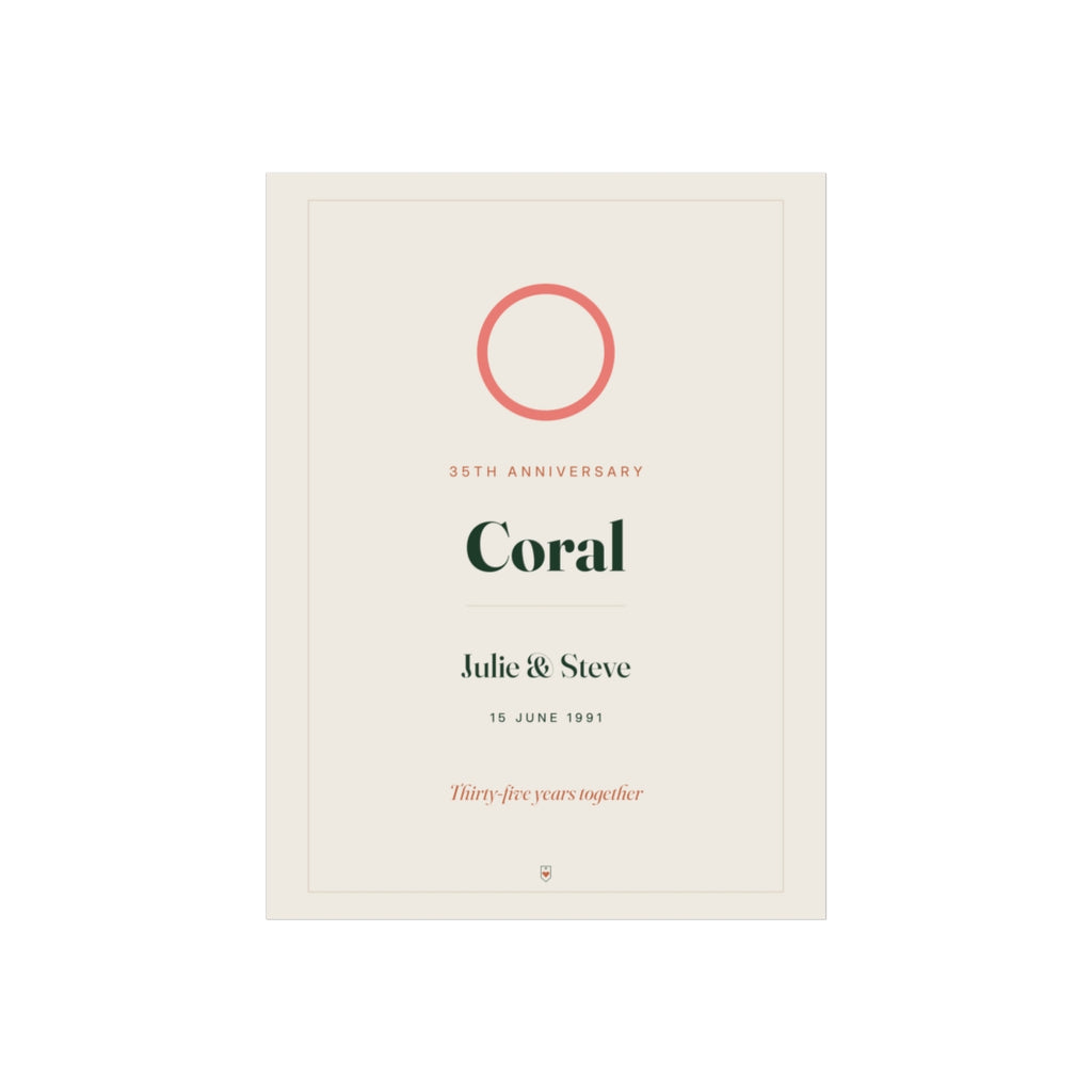 Personalised coral anniversary print, artwork mock-up with a coral circle, '35th Anniversary', 'Coral' and 'Julie & Steve'