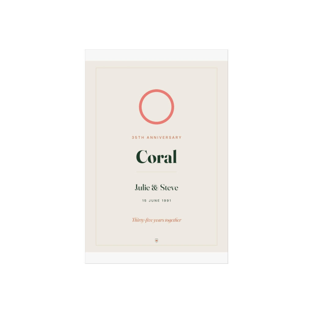 Personalised coral anniversary print, artwork mock-up at 8 x 12 in proportions with 'Coral' and 'Julie & Steve'