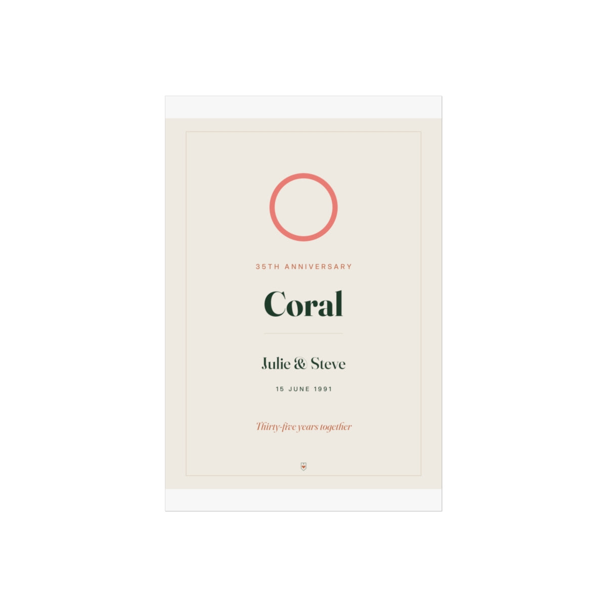 Personalised coral anniversary print, artwork mock-up at 8 x 12 in proportions with 'Coral' and 'Julie & Steve'
