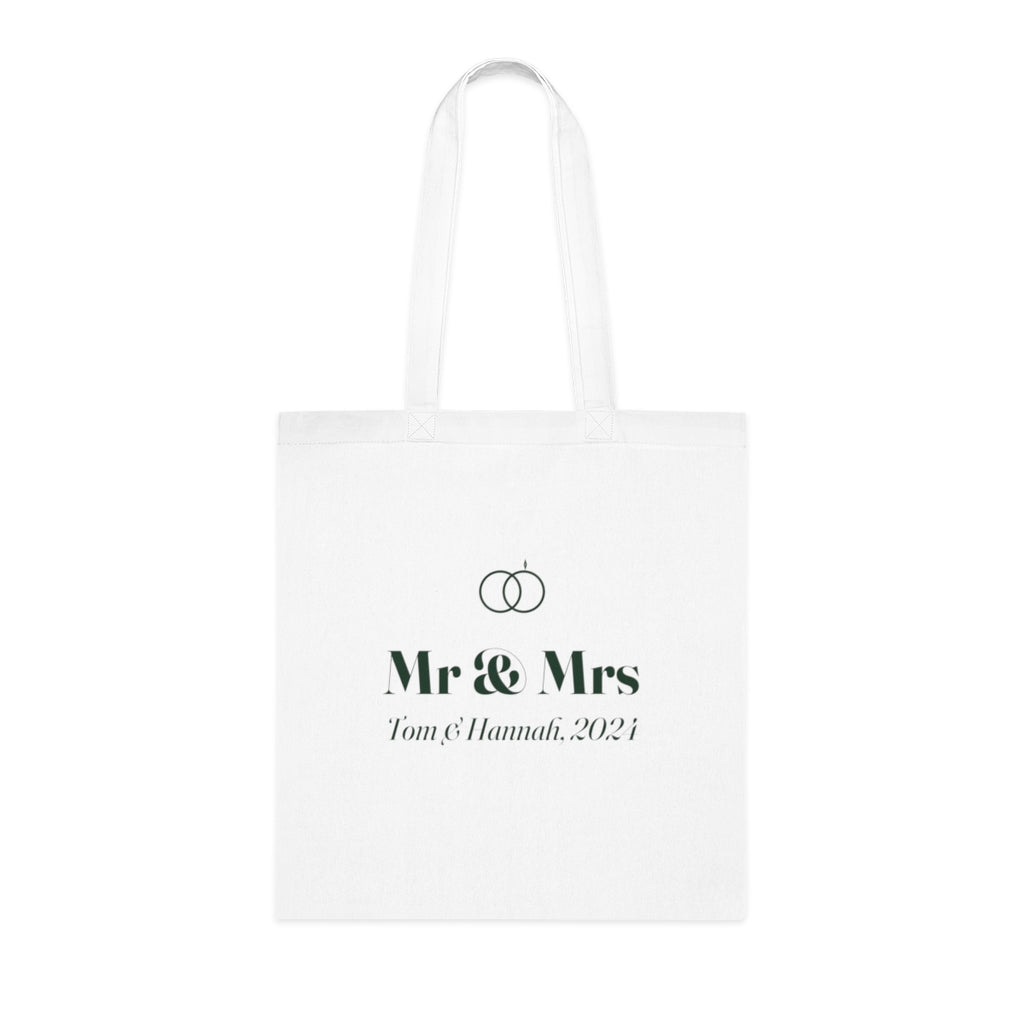Personalised cotton anniversary tote bag mock-up, white with two rings, 'Mr & Mrs' and 'Tom & Hannah, 2024'