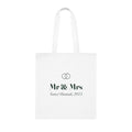 Personalised cotton anniversary tote bag mock-up, white with two rings, 'Mr & Mrs' and 'Tom & Hannah, 2024'