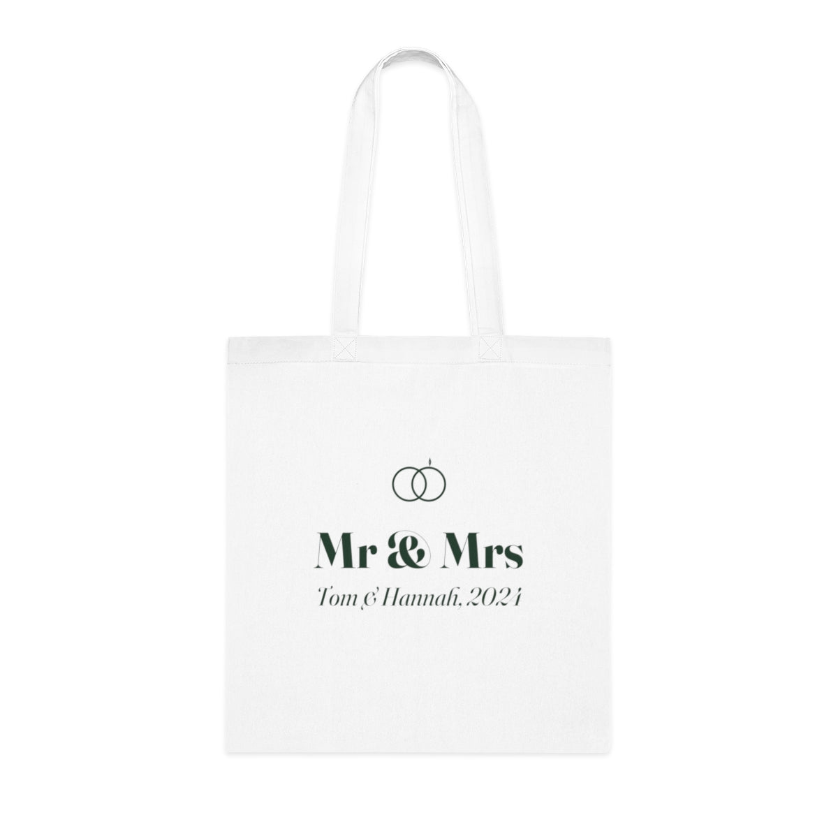 Personalised cotton anniversary tote bag mock-up, white with two rings, 'Mr & Mrs' and 'Tom & Hannah, 2024'