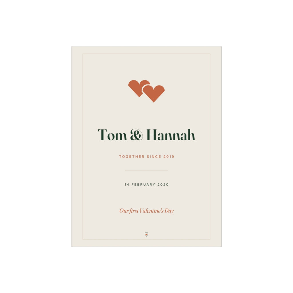 Personalised couple print, artwork mock-up with two overlapping hearts, 'Tom & Hannah' and 'Together since 2019'