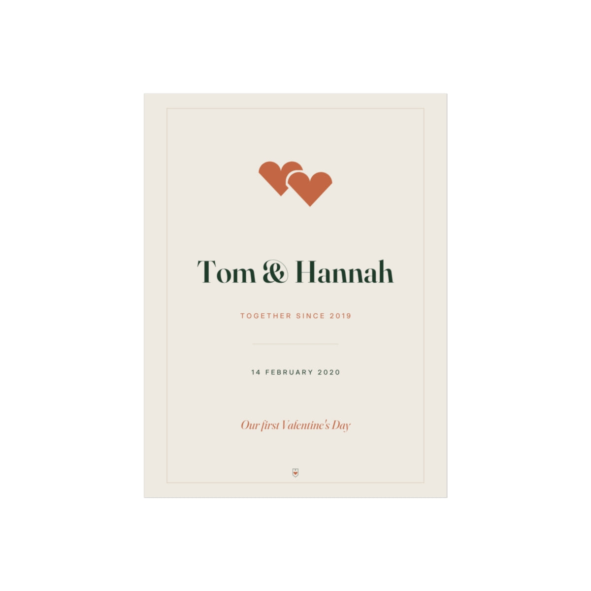 Personalised couple print, artwork mock-up with two overlapping hearts, 'Tom & Hannah' and 'Together since 2019'