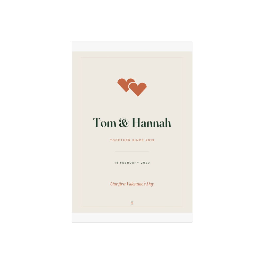 Personalised couple print, artwork mock-up at 8 x 12 in proportions with the two hearts and 'Tom & Hannah'