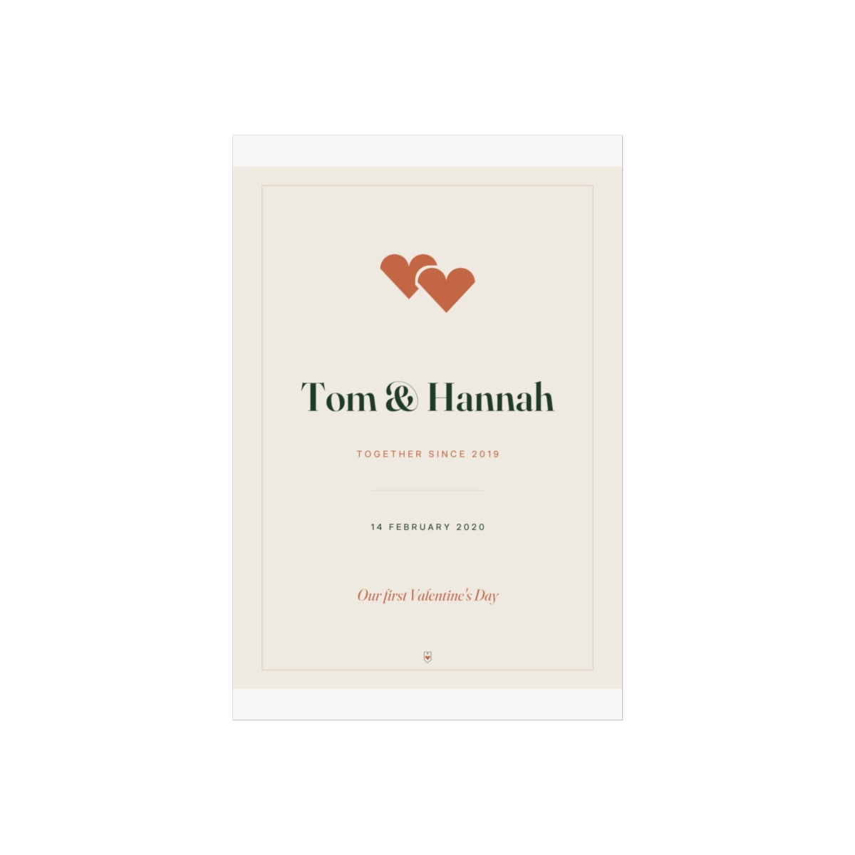 Personalised couple print, artwork mock-up at 8 x 12 in proportions with the two hearts and 'Tom & Hannah'