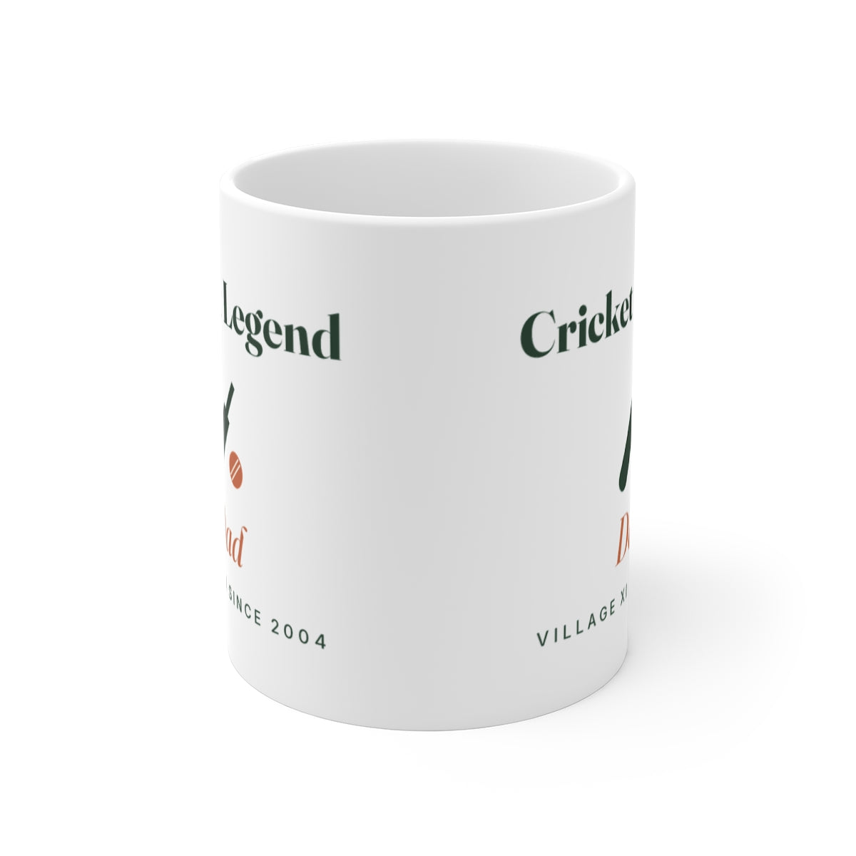 Personalised cricket legend mug mock-up seen from the front, showing the 'Cricket Legend' design printed on both sides