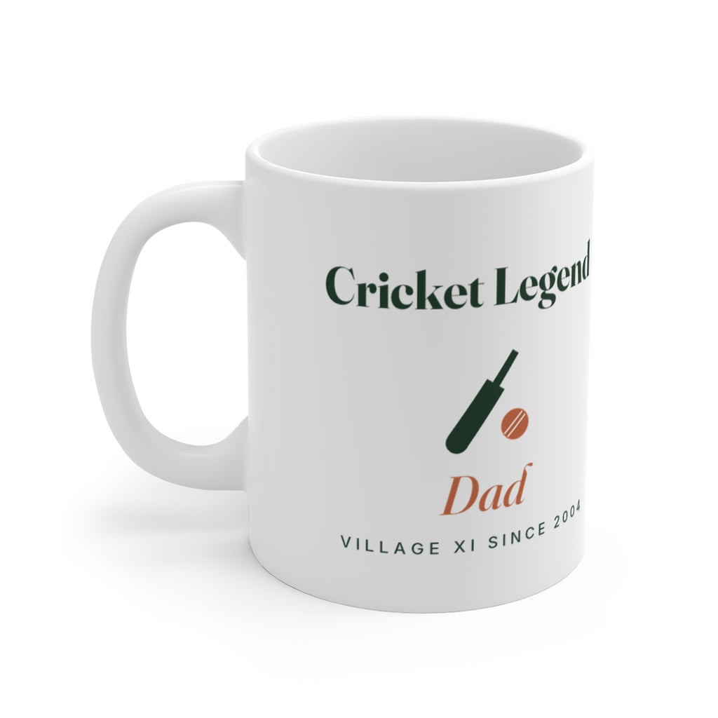 Personalised cricket legend mug mock-up with a bat and ball, 'Cricket Legend', 'Dad' and 'Village XI since 2004'