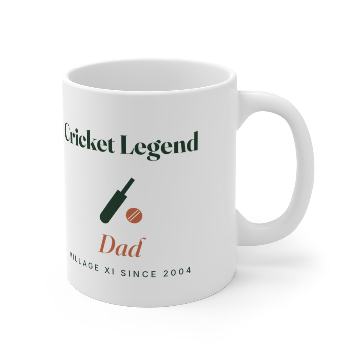Personalised cricket legend mug mock-up turned to show the bat and ball design with the handle on the right