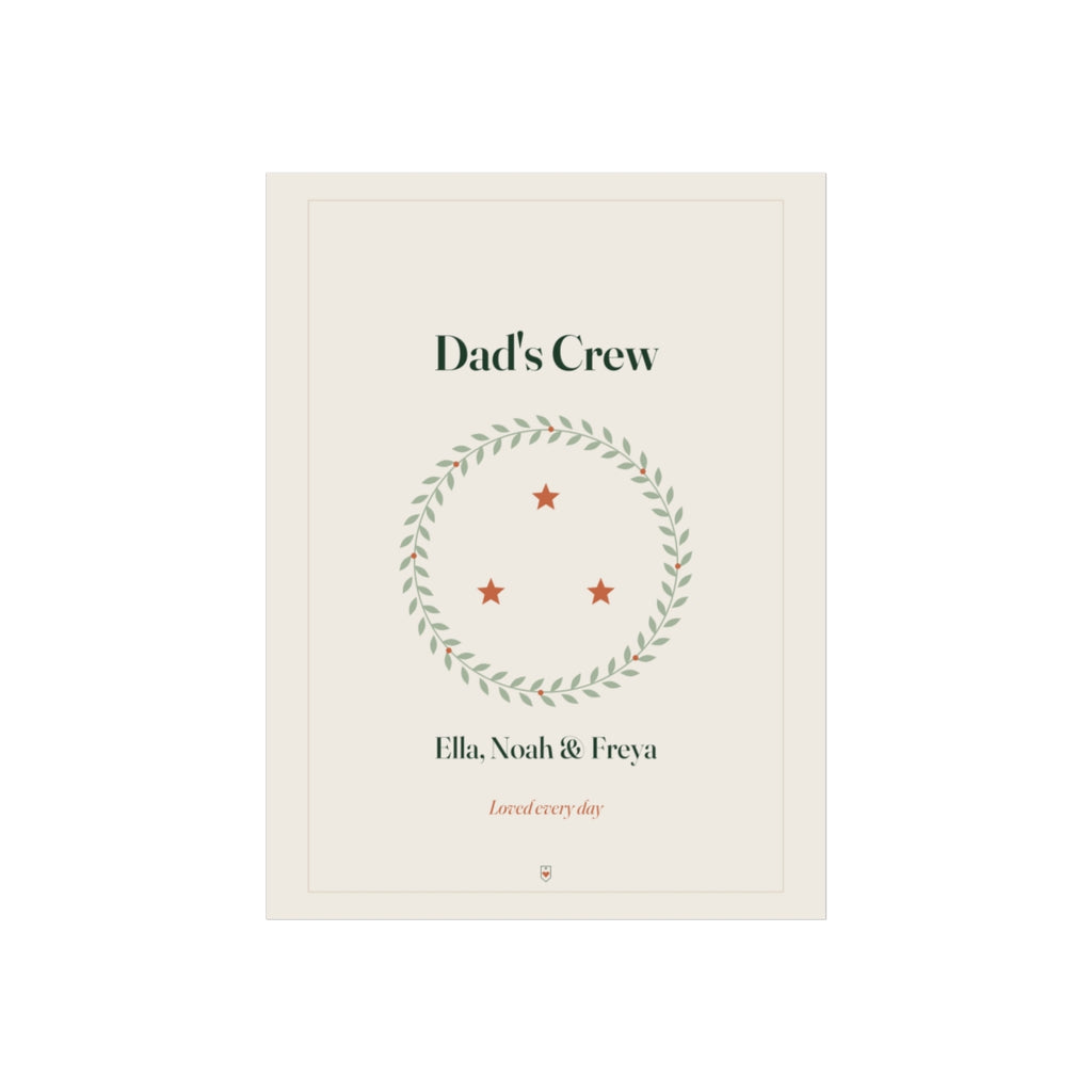 Personalised Dad print, artwork mock-up with 'Dad's Crew', three stars in a leafy wreath and 'Ella, Noah & Freya'