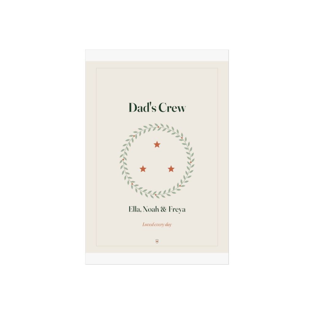 Personalised Dad print, artwork mock-up at 8 x 12 in proportions with the 'Dad's Crew' wreath and three stars